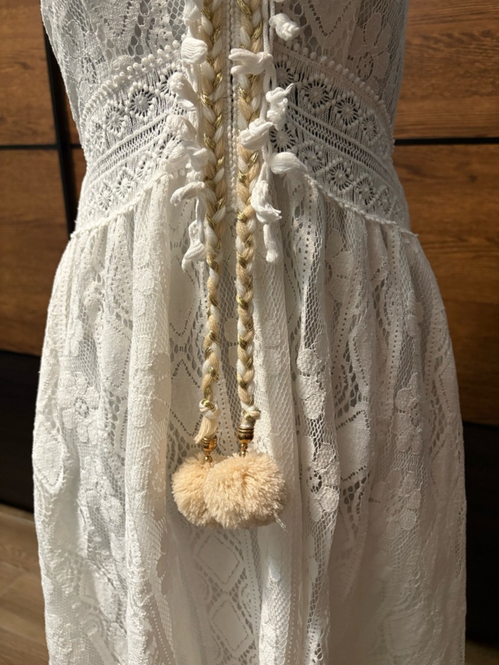 Women's Lace V-Neck Cream Maxi Dress with Pom Tie - Picture 3 of 6
